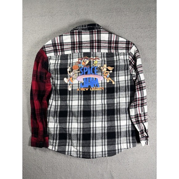 Forever 21 Space Jam Flannel Shirt Men’s M Plaid Colorblock‎ Graphic Print Retro - Picture 12 of 15